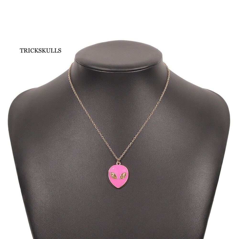 Gold Tone Pink Pastel Enamel Space Alien Gold Crystal Eyes 18” Gold Chain NEW!